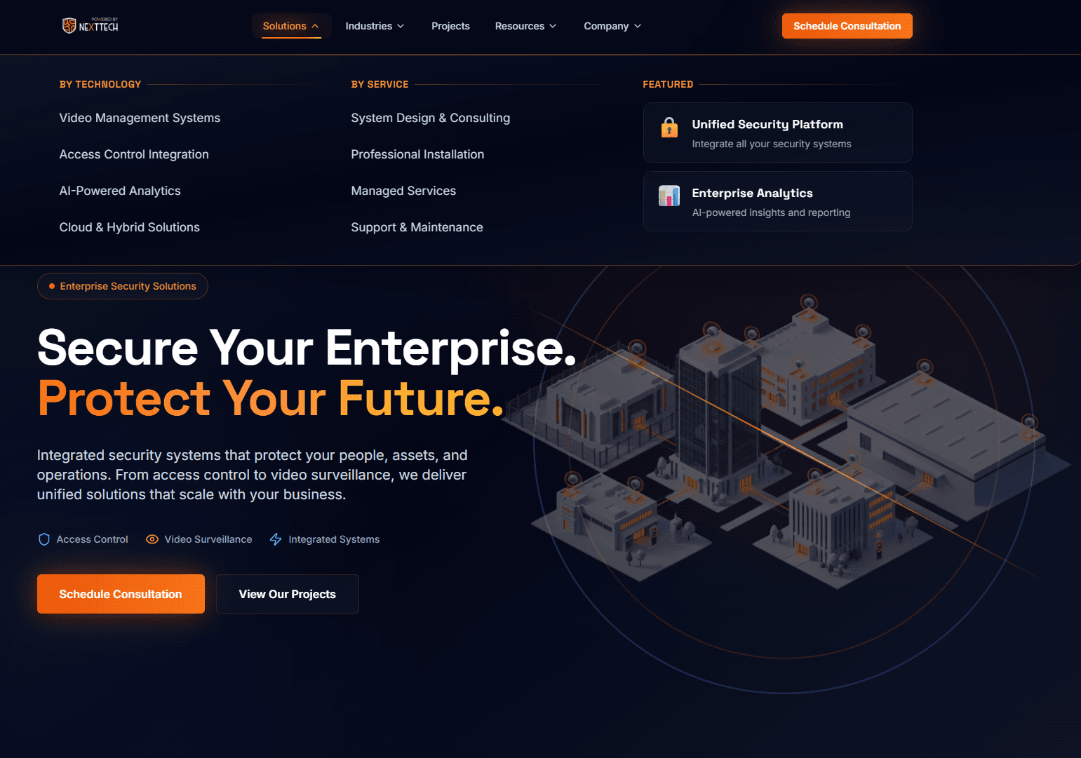 NextTech security systems company website homepage with service offerings